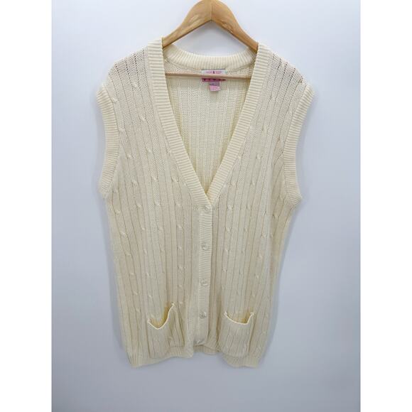 American Weekend Sweaters - Cream Beige Knit Fisherman Sleeveless Sweater Vest Size 1X Academia Preppy